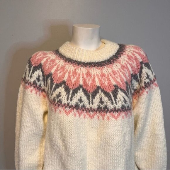 Hand Knitted Cream Pink Fair Isle Jumper Sweater Size M - Picture 6 of 7